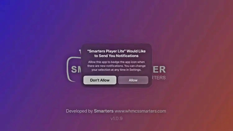 IPTV Smarters permission popup on Apple TV dashboard