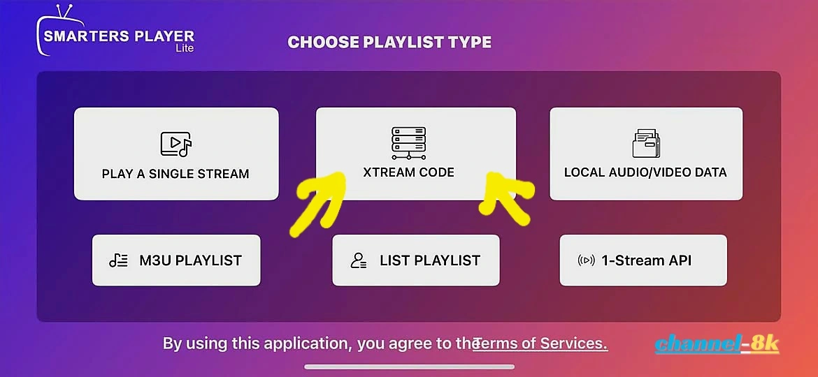 Xtream Codes API login selection in IPTV Smarters Apple TV