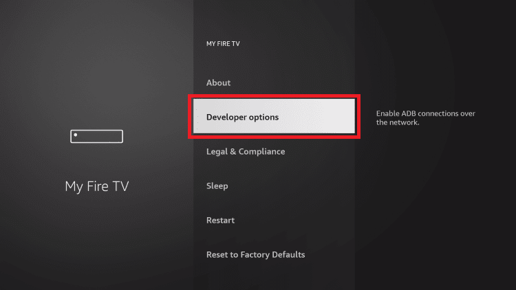 Developer Options highlighted in My Fire TV menu