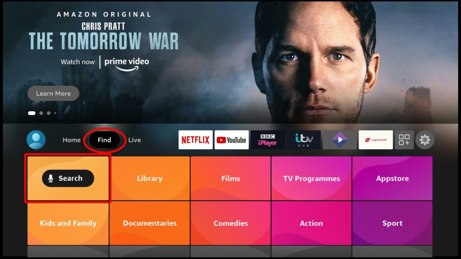 Firestick Home Screen with Search Icon Highlighted