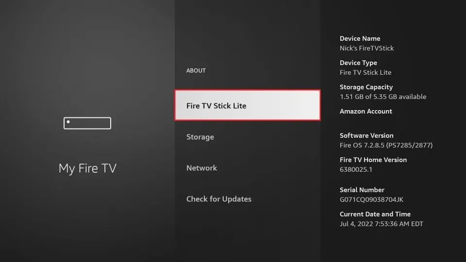 Clicking Fire TV Stick name 7 times to enable Developer Options