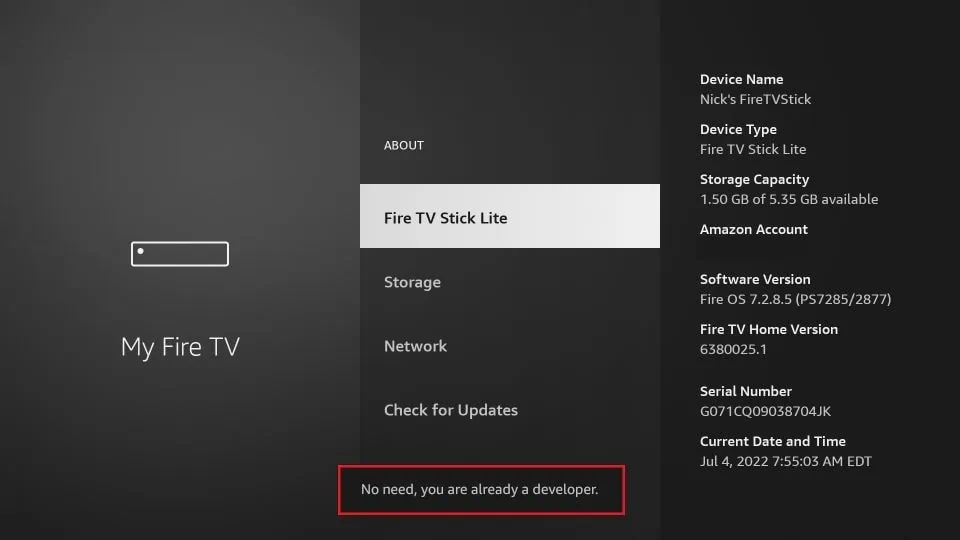 Confirmation message 'Developer Options Enabled' on Firestick