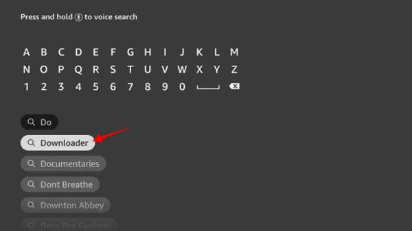 Typing 'Downloader' into Firestick Search Bar