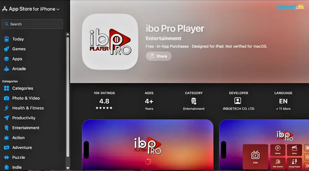 Searching IBO Player Pro in Apple App Store for iPhone and Apple TV