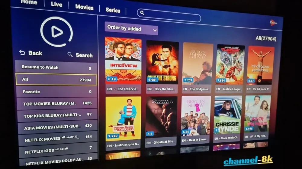 Browsing live TV channel categories on IBO Player Pro