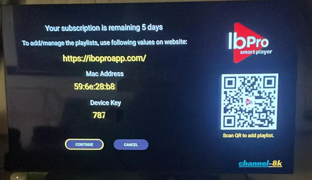IBO Player Pro settings screen showing MAC Address and Device Key